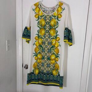 Sold Cream Midi Dress with Yellow Lemon Motif and Green Trim